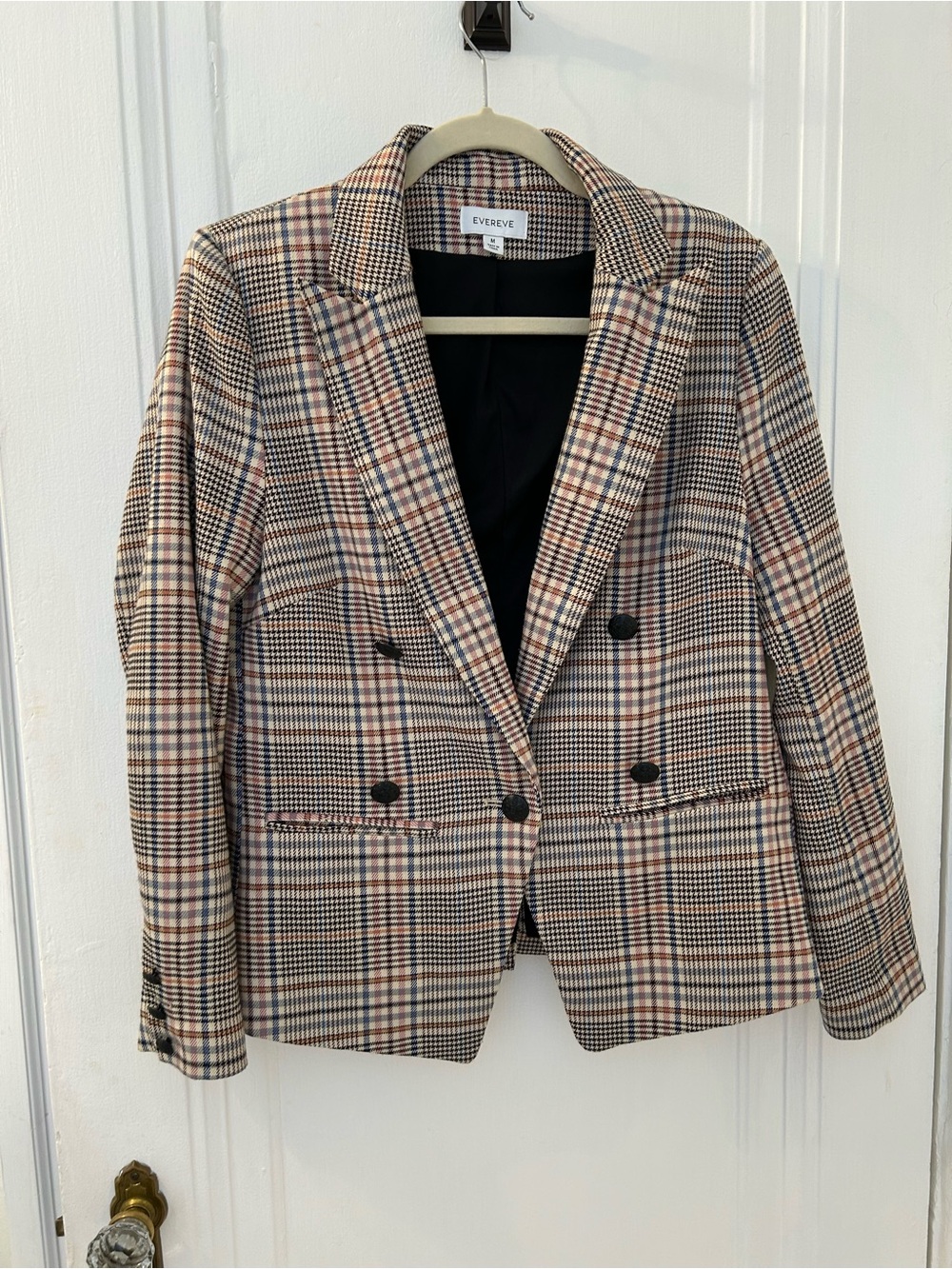Evereve Plaid Double-Breasted Blazer in Beige and Black